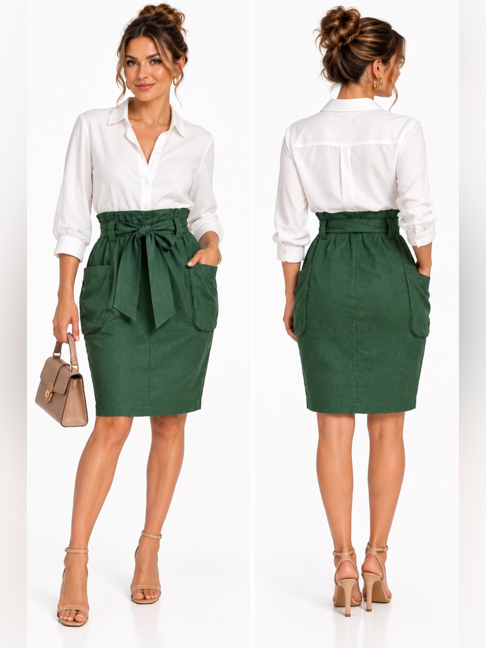 High-Waist Green Paperbag linen Tie Skirt